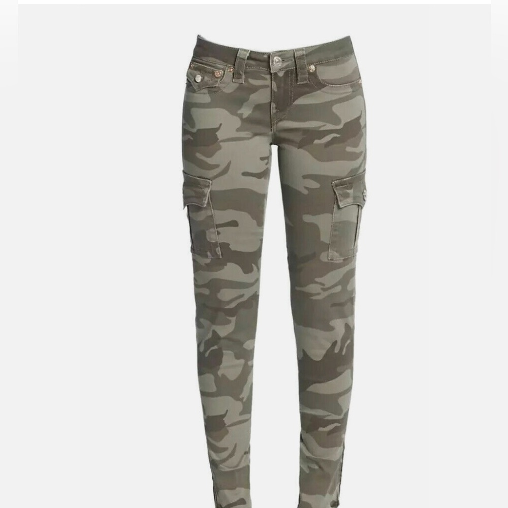 True Religion Skinny Cargo Ankle Zip Green Camo Flap Pocket Pants Sz 28 - Picture 4 of 8